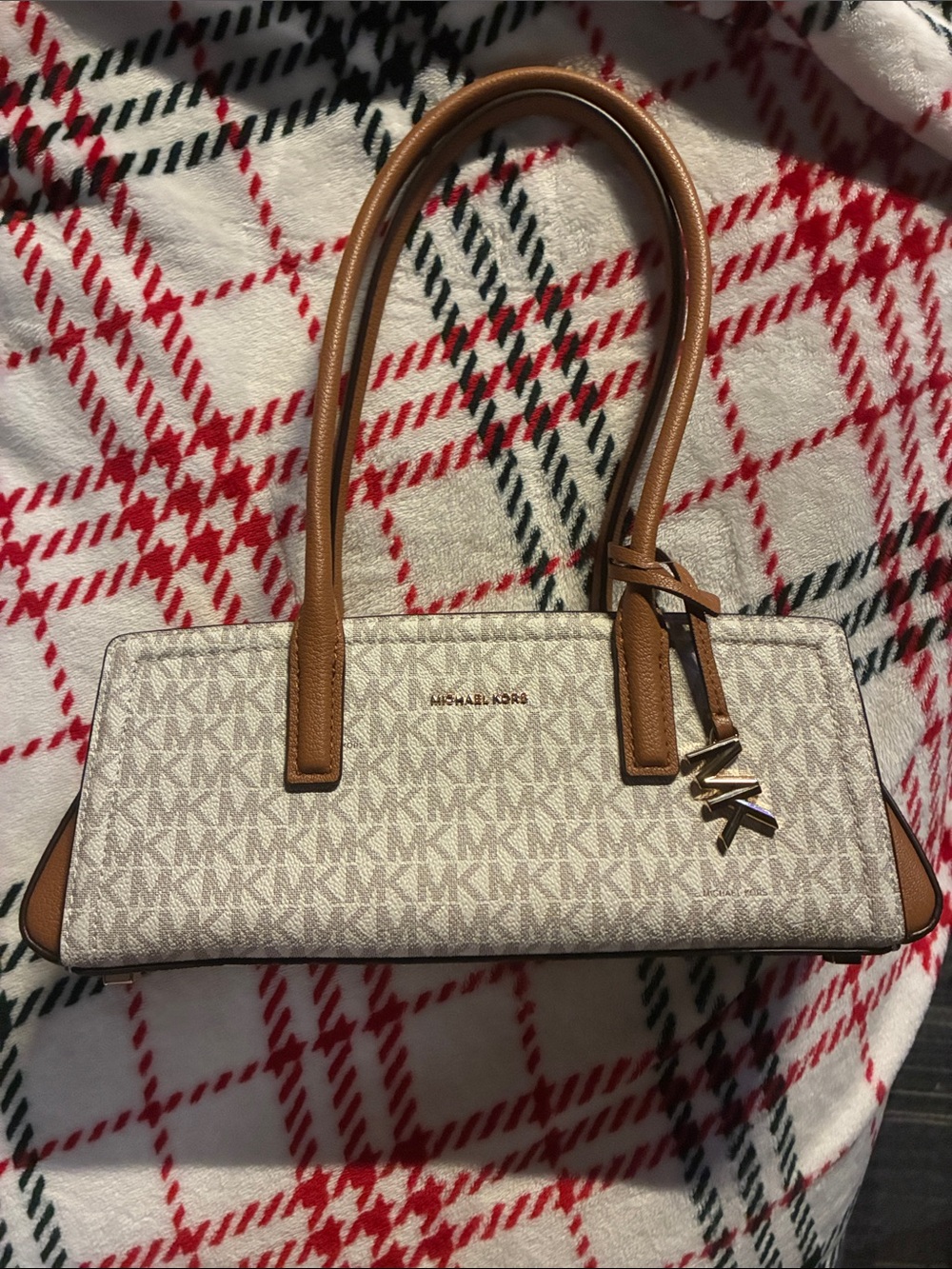 Michael Kors Cream Logo Shoulder Tote with Brown Trim